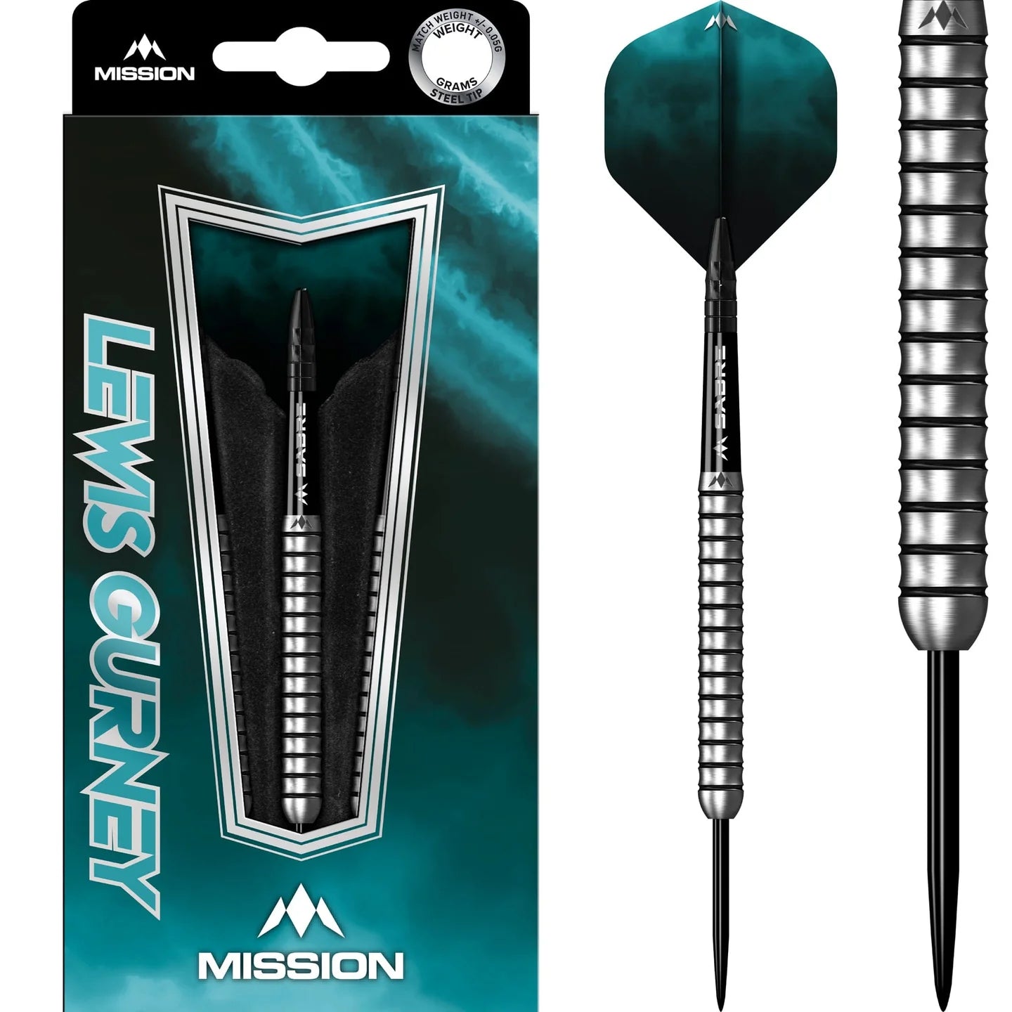 Mission Lewis Gurney Darts - Steel Tip - 95% Tungsten - Silver-Black Rings - 22g